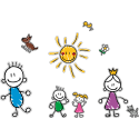 Семья - детский рисунок. Папа, мама, сын, дочь, собака, кот, птичка, цветок, солнце
