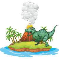 Динозавр на острове с вулканом